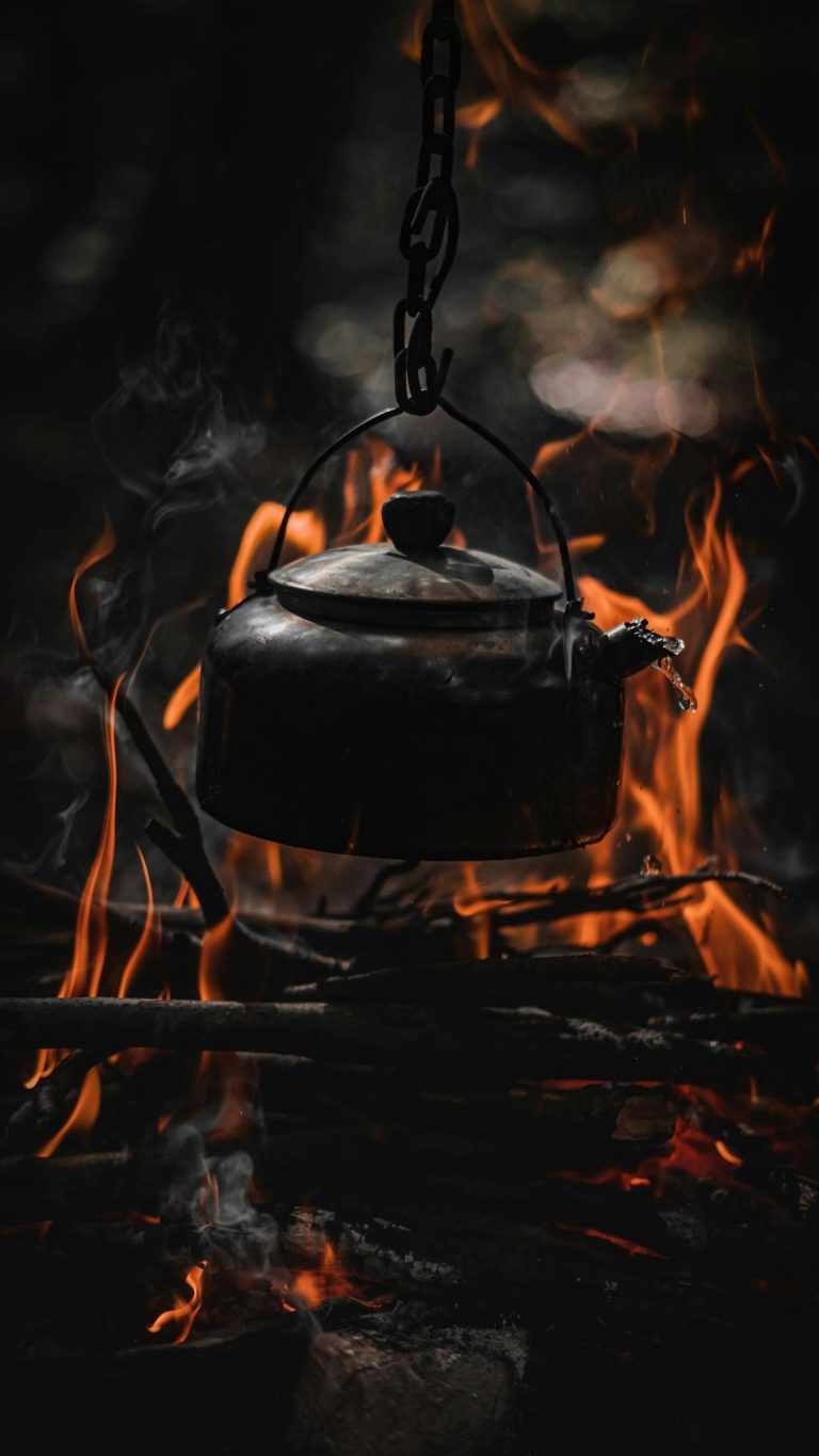A black kettle hanging over a vibrant campfire in a forest setting, capturing the essence of outdoor cooking.