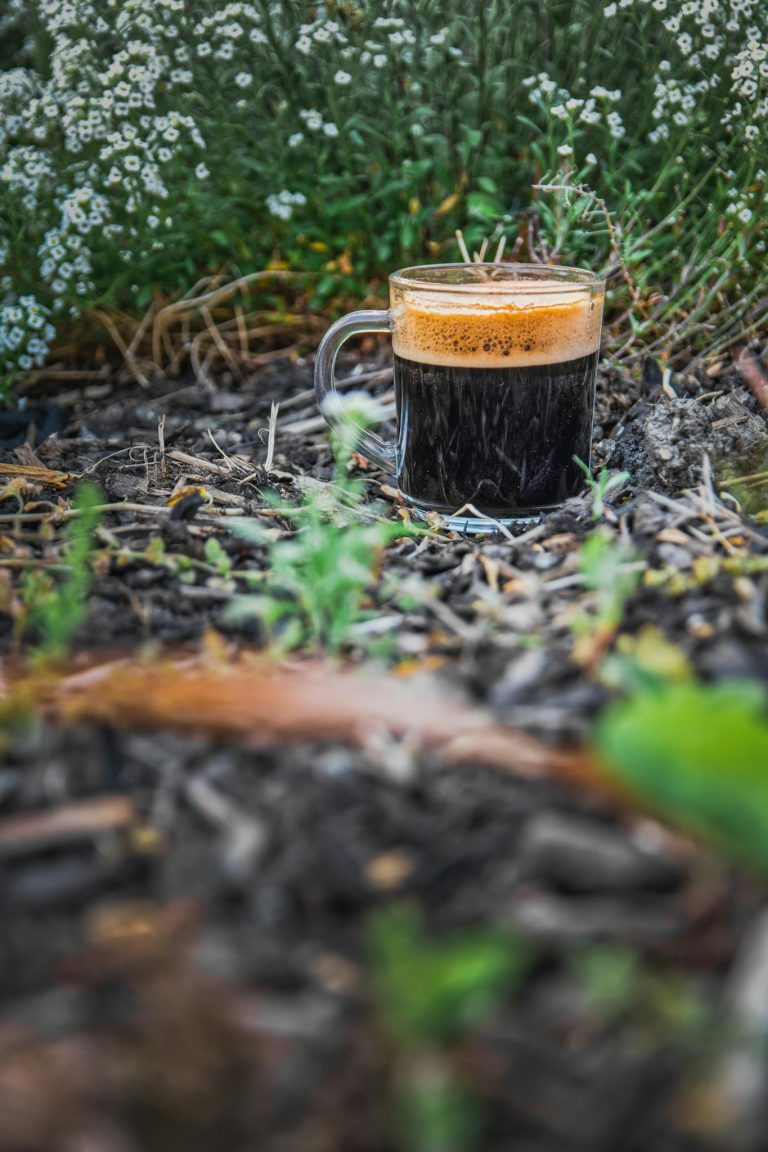 A warm espresso sits in a lush garden, offering a cozy outdoor vibe.